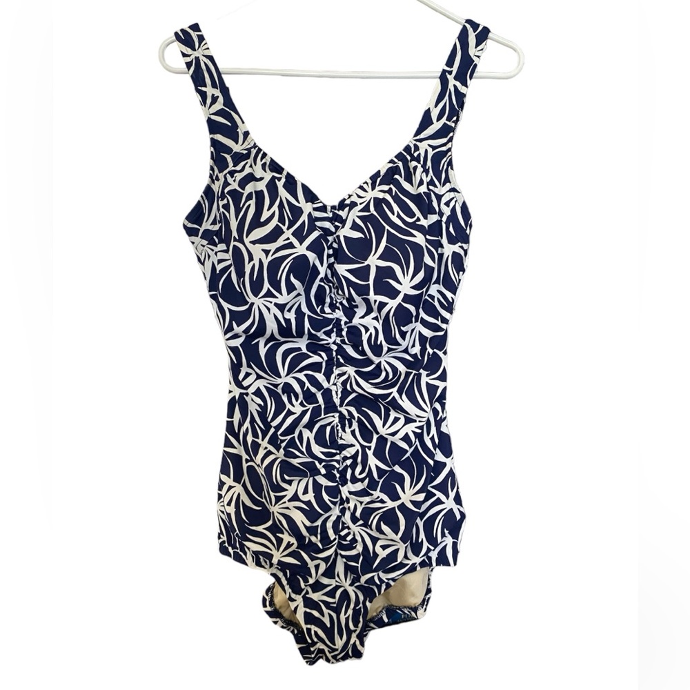 Maxine of Hollywood Blue and White Shirred Front Girl Leg One Piece size…